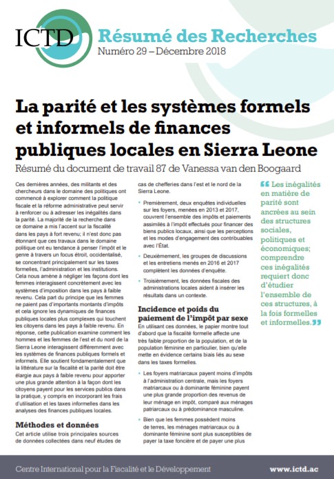 La parité et les systèmes formels et informels de finances publiques locales en Sierra Leone