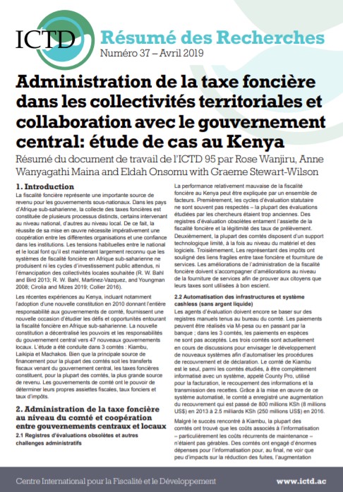 Administration de la taxe foncière dans les collectivités territoriales et collaboration avec le gouvernement central: étude de cas au Kenya