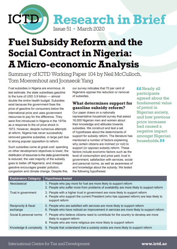 Fuel Subsidy Reform and the Social Contract in Nigeria: a Micro-economic Analysis