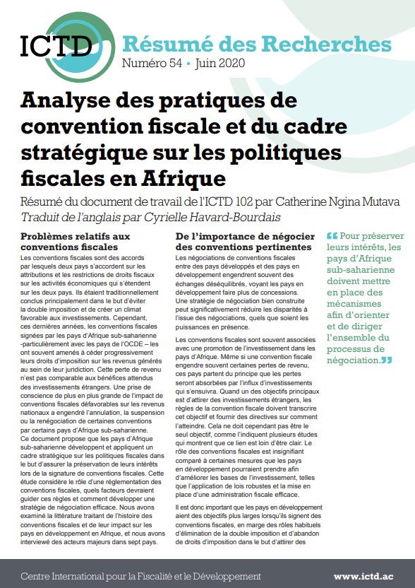 Analyse des pratiques de convention fiscale et du cadre stratégique sur les politiques fiscales en Afrique