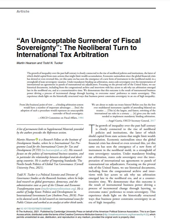 Martin Hearson article on international tax abritration