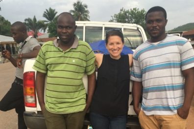 Dr van den Boogaard with two research assistants in Sierra Leone.