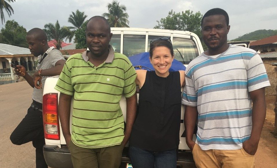 Dr van den Boogaard with two research assistants in Sierra Leone.