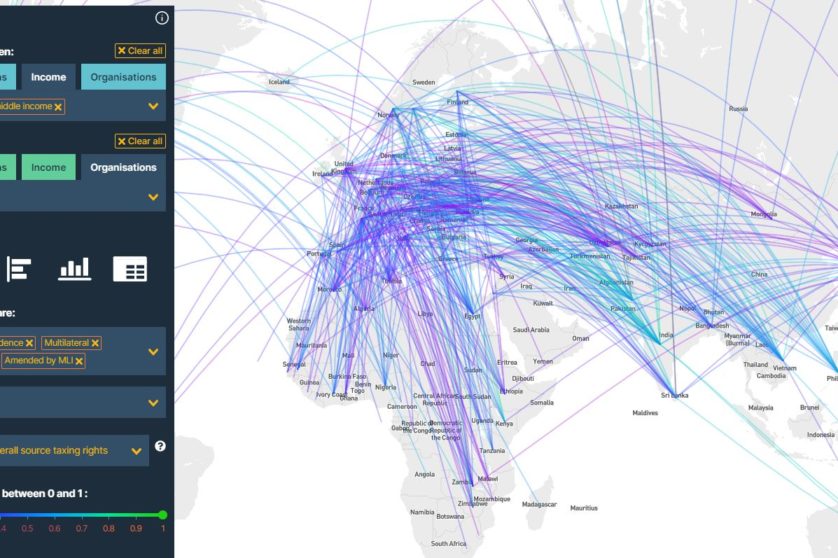 screenshot of the explorer showing navigation menu and map with lines representing treaties between countries