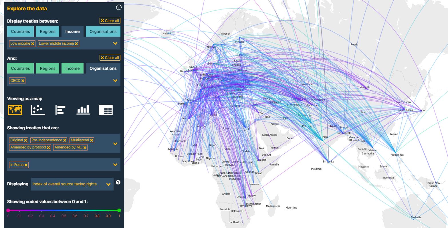 screenshot of the explorer showing navigation menu and map with lines representing treaties between countries