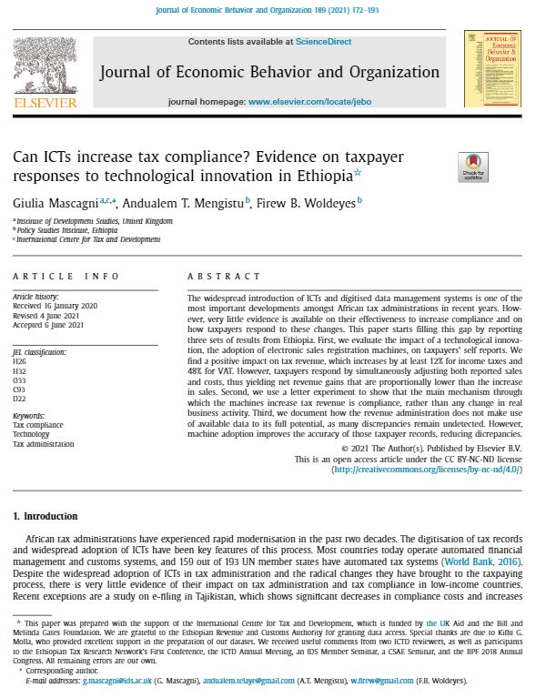 Can ICTs increase tax compliance? Evidence on taxpayer responses to technological innovation in Ethiopia cover