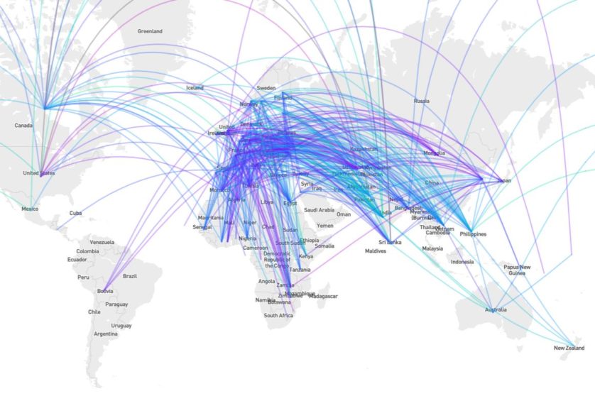 Map showing bilateral treaties between countries from the Tax Treaties Explorer