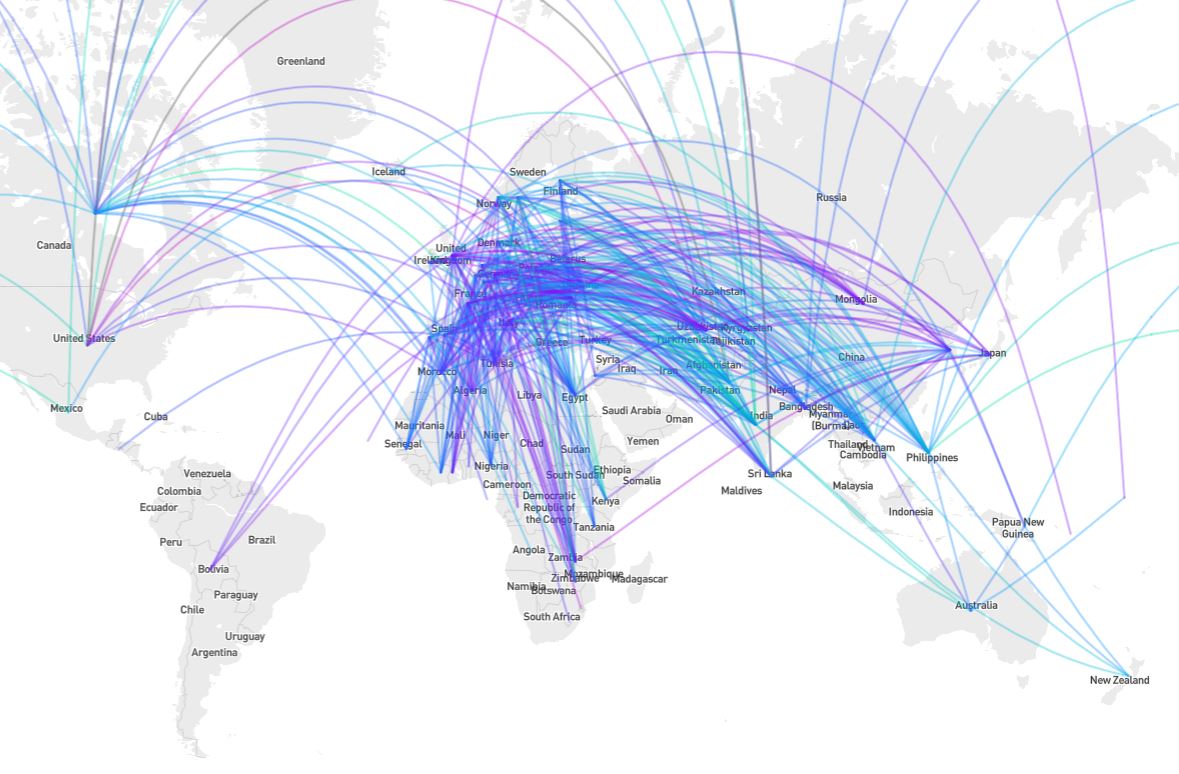 Map showing bilateral treaties between countries from the Tax Treaties Explorer