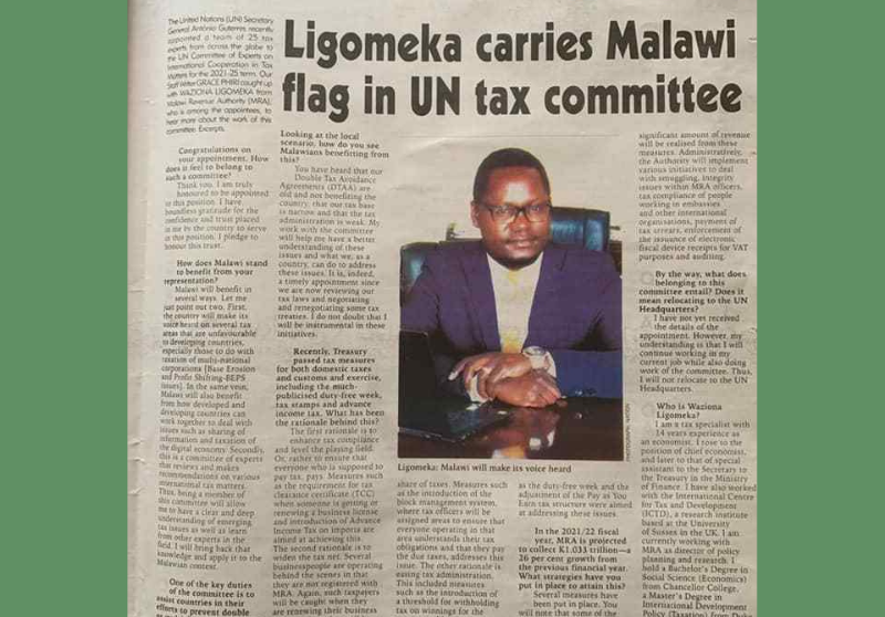 Dr Waziona Ligomeka appointed to UN Committee of Experts on International Cooperation in Tax Matters