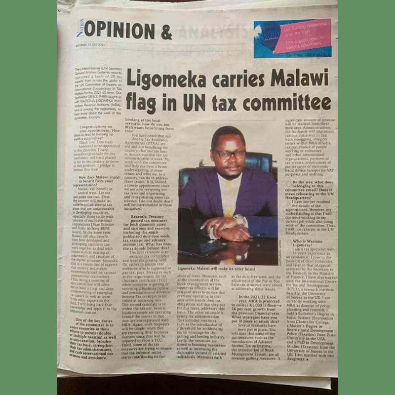 Dr Waziona Ligomeka appointed to UN Committee of Experts on International Cooperation in Tax Matters