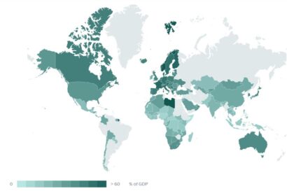 map of world shaded according to tax-to-GDP ratios of countries