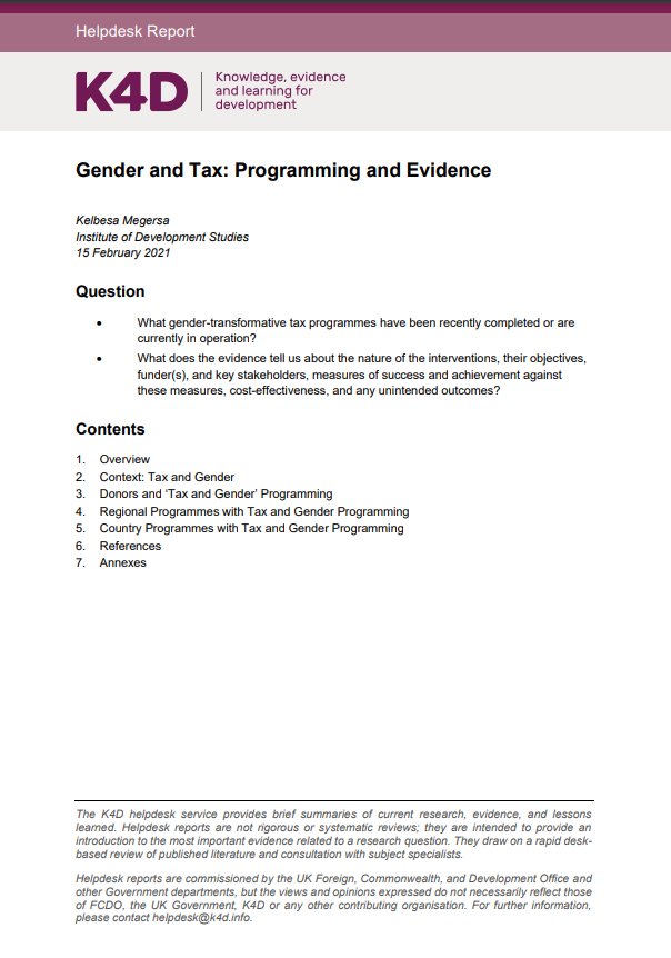 K4D Gender and Tax Programme and Evidence
