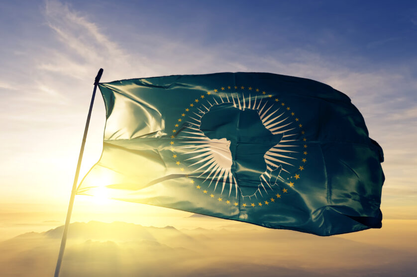 African Union flag waving on the top sunrise