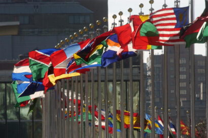 Flags of member nations flying at United Nations Headquarters in New York, USA.