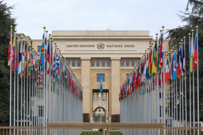 Allee des Nations (Avenue of Nations) of the United Nations Palace in Geneva, with the flags of the member countries.