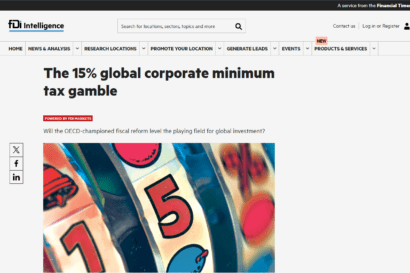 An image of the fDi Intelligence article with the title The 15% global corporate minimum tax gamble