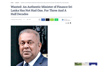 Screenshot of Professor Moore's op-ed, entitled "Wanted: An Authentic Minister of Finance Sri lanka Has Not Had One, For Three and A Half Decades"