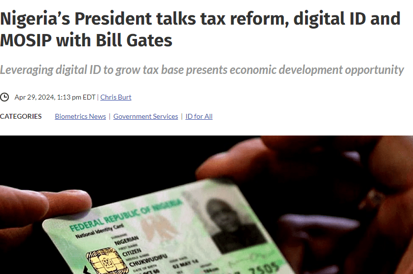 Screenshot of the BiometricsUpdate.com report featuring ICTD Policy Brief 7 on 'Digital IDs and Digital Payments - Opportunities and Challenges for Tax Administration'