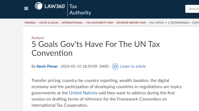 Screenshot of the Law360 article, entitled '5 Goals Gov'ts Have For The UN Tax Convention', featuring an interview with Martin Hearson