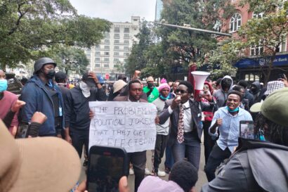 Protesters outside the Nation Centre on Kimathi Street in Nairobi, Kenya, on June 20, 2024. Kenyan youths countrywide are protesting against punitive tax measures in the Finance Bill.