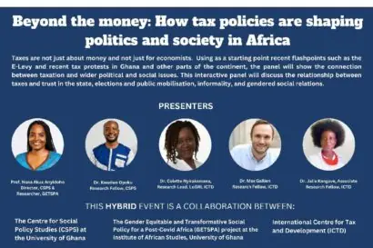 An art card for the event "Beyond the money: How tax policies are shaping politics and society in Africa". It has a dark blue background and headshots of each of the five speakers.