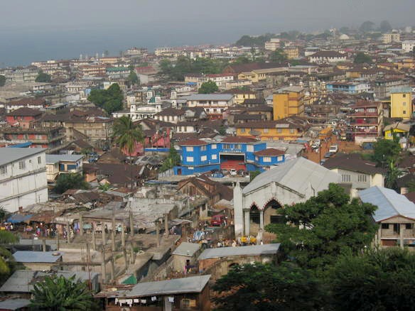 Wide shot view from above of a condensed area in Freetown, Sierra Leone