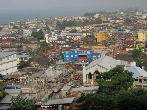 Wide shot view from above of a condensed area in Freetown, Sierra Leone