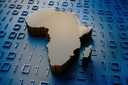 3D depiction of the African continent against a backdrop of 1s and 0s