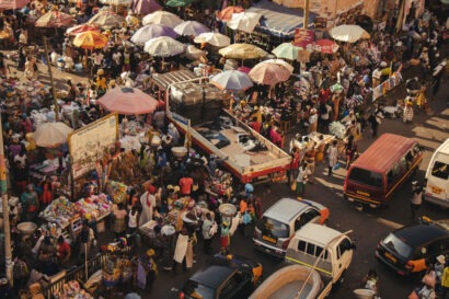 An aerial shot of a busy market place.