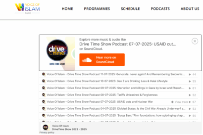Screenshot of the Voice of islam Drive Time show's webpage, showing a playlist of the show's latest episodes.