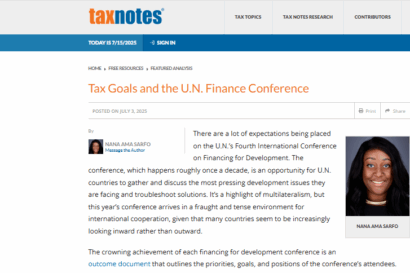 Screenshot of TaxNotes article, bearing the title "Taxx Goals and the UN Finance Conference"
