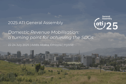 Wide scenic shot from Ethiopia presenting greenery in the forefront and city skyline in the background. Superimposed on the image in the title on the ATI General Assembly event, dates and logo