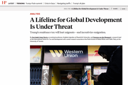 Screenshot of the op-ed, showing the headline ' A Lifeline for Global Development is Under Threat'