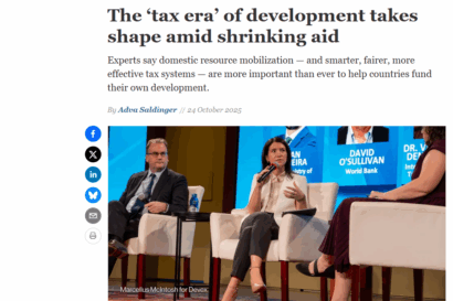 Screenshot of the Devex online report featuring ICTD's Vanessa van den Boogaard, with a headline that reflects ICTD's framing of the 'tax era of development'