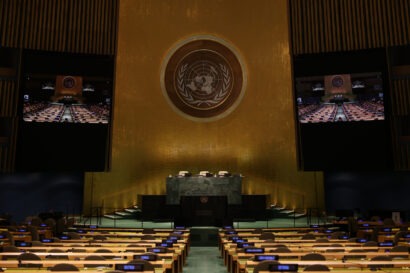 Empty hall of the United Nations General Assembly at the UN headquarters in New York.