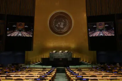 Empty hall of the United Nations General Assembly at the UN headquarters in New York.