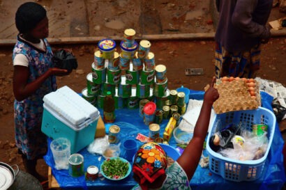 Eggs and milk stall in an open air market in Accra, Ghana.