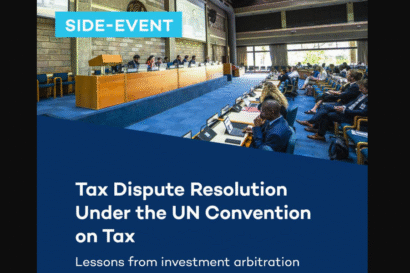 Art card that says "IISD side-event: Tax Dispute Resolution under the UN Conventiokn on Tax"