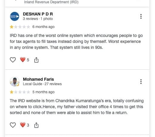 Screenshot of poor Google reviews for Sri Lanka's Inland Revenue Department