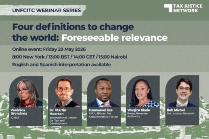 Art card of the event, bearing the title that reads "Four definitions to change the world: Foreseeable relevance", along with details of the webinar superimposed on a gradient green background. At the The bottom half features headshots of five speakers.