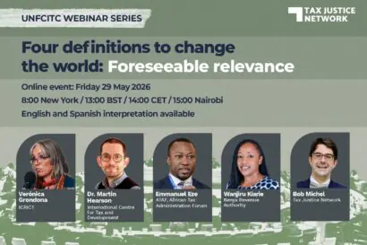 Art card of the event, bearing the title that reads "Four definitions to change the world: Foreseeable relevance", along with details of the webinar superimposed on a gradient green background. At the The bottom half features headshots of five speakers.