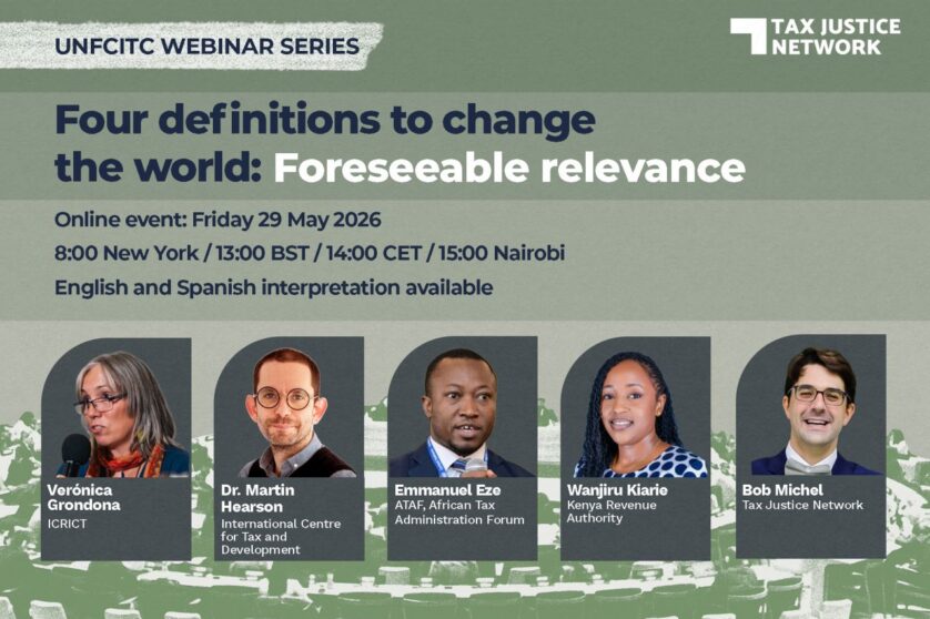 Art card of the event, bearing the title that reads "Four definitions to change the world: Foreseeable relevance", along with details of the webinar superimposed on a gradient green background. At the The bottom half features headshots of five speakers.