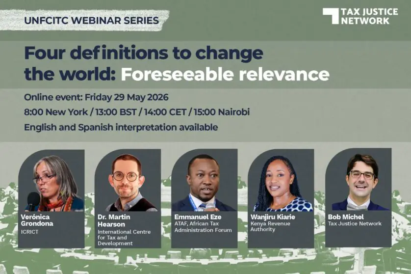Art card of the event, bearing the title that reads "Four definitions to change the world: Foreseeable relevance", along with details of the webinar superimposed on a gradient green background. At the The bottom half features headshots of five speakers.