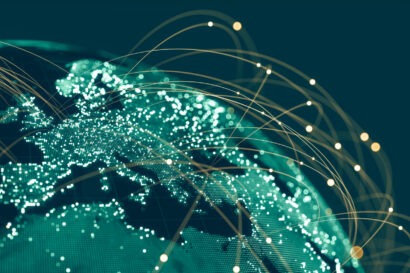 Blue Globe viewing from space at night with connections between cities