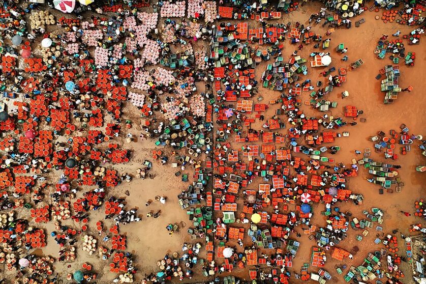 Aerial photo of a tomato market at Mile 12 in Lagos, Nigeria.