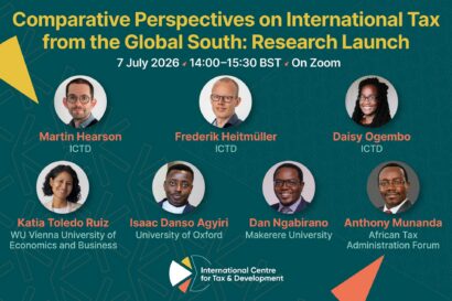 Webinar graphic for “Comparative Perspectives on International Tax from the Global South,” 17 July 2026, 14:00–15:00 UTC on Zoom, featuring speakers from ICTD, University of Oxford, WU Vienna, and Makerere University.