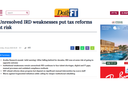 Screenshot of the DailyFT report titled 'Unresolved IRD weaknesses put tax reforms at risk'