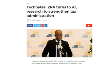 Screenshot of the online Zambia Monitor report, titled 'Techbytes: ZRA turns to AI, research to strengthen tax administration'