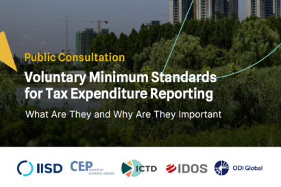 Public consultation on voluntary minimum standards for tax expenditure reporting with a city skyline and trees in the background.