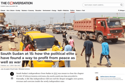 Screenshot of The Conversation Africa article titled 'South Sudan at 15: how the political elite profited from peace as well as war'